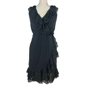 White House Black Market Fairycore Polka Dot Ruffle Wrap Dress Sleeveless Size 6